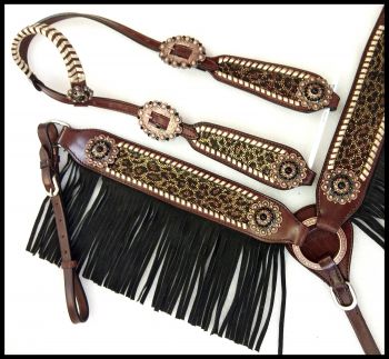 Showman Cheetah print one ear headstall and breast collar black fringe set #3